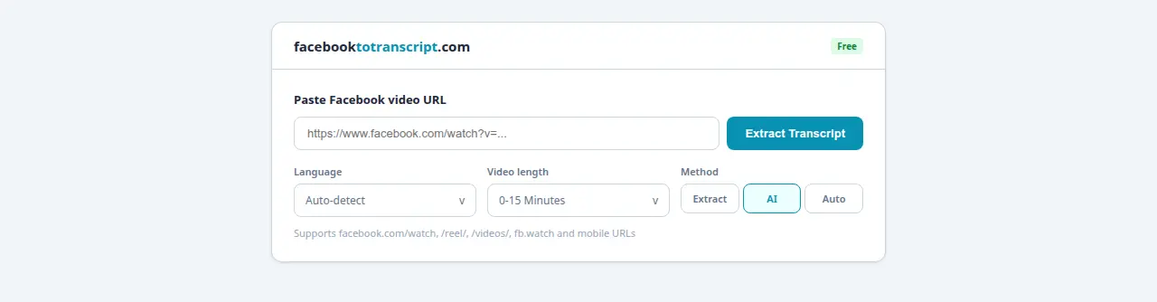 Paste a Facebook video URL into the transcription input form