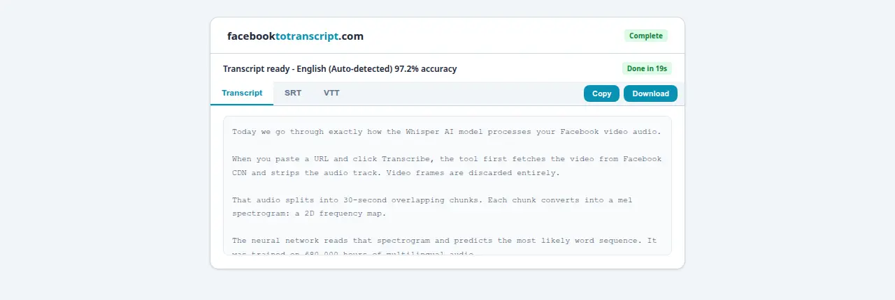 Completed transcript result at 97.2 percent accuracy with Copy and Download buttons