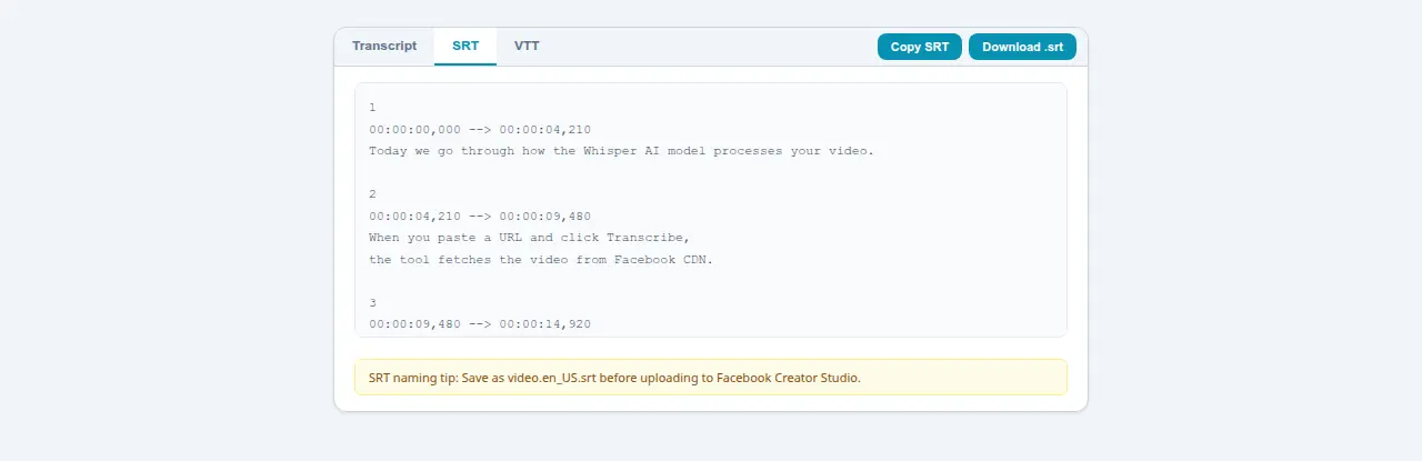 SRT subtitle tab showing numbered timestamp blocks for Facebook Creator Studio upload