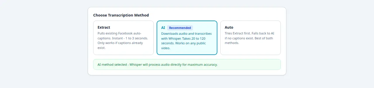 Method selector showing Extract, AI recommended, and Auto options with explanations
