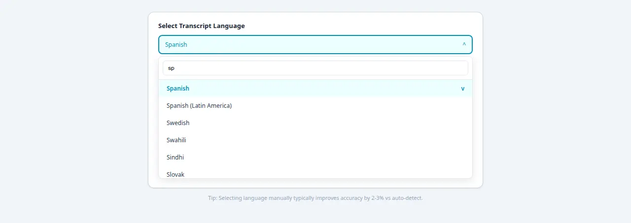 Language dropdown showing Spanish selected from 99 languages with search filter