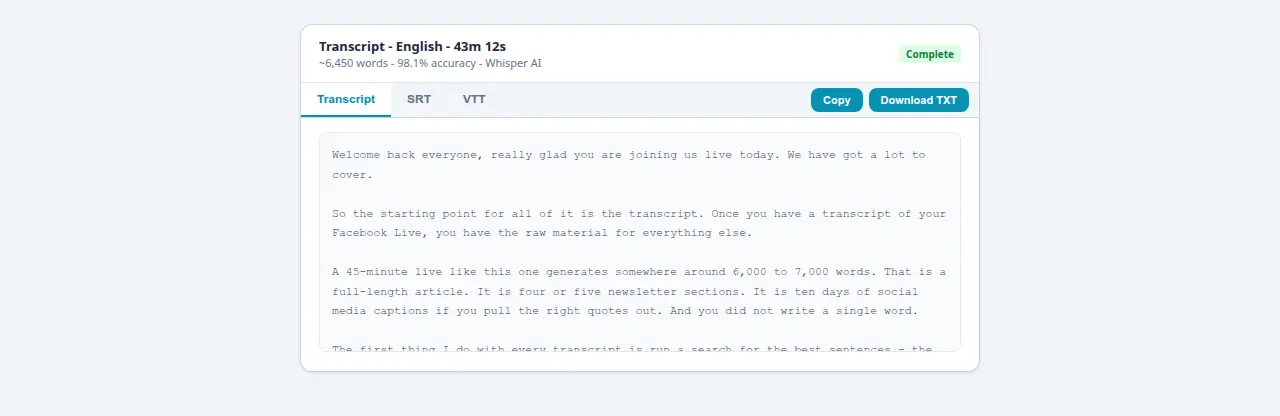 43-minute Facebook Live transcript at 98.1 percent accuracy showing 6450 words