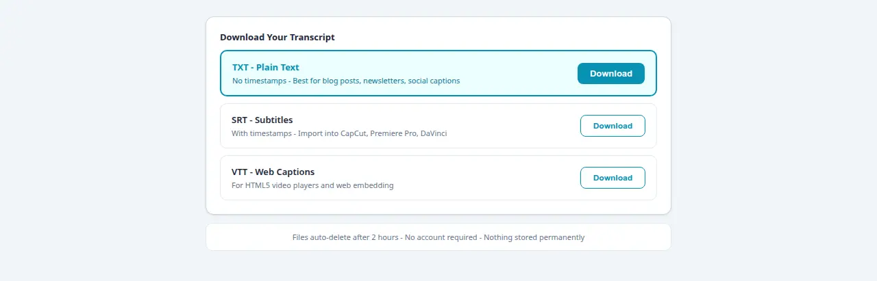 Download panel showing TXT highlighted as recommended plus SRT and VTT options