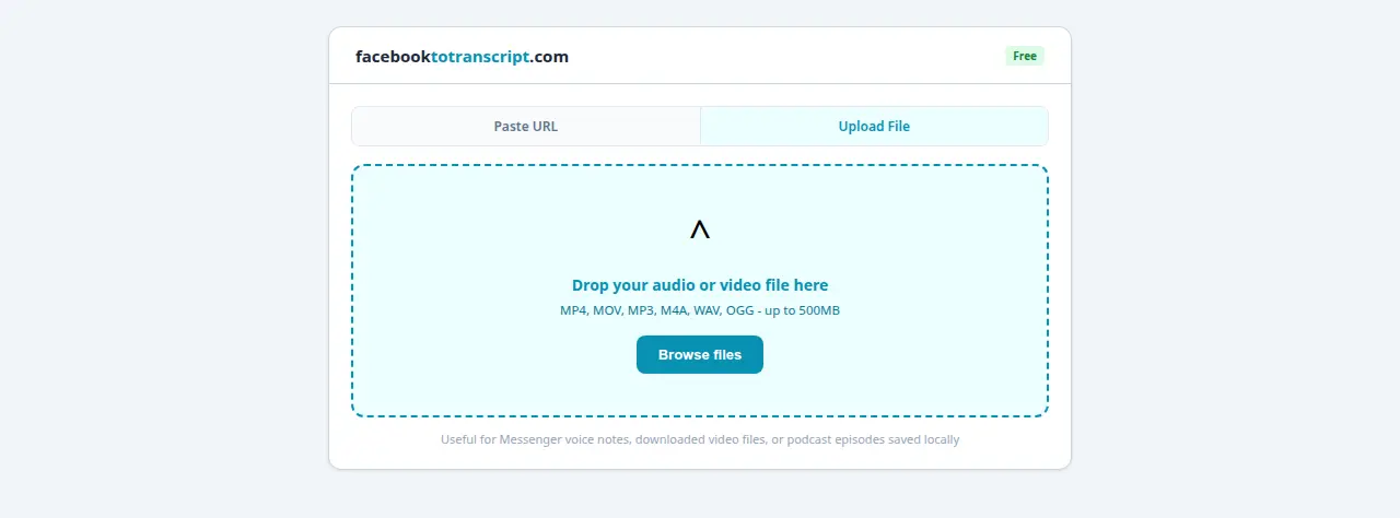 Upload File tab with drag and drop zone accepting MP4 MOV MP3 M4A WAV up to 500MB