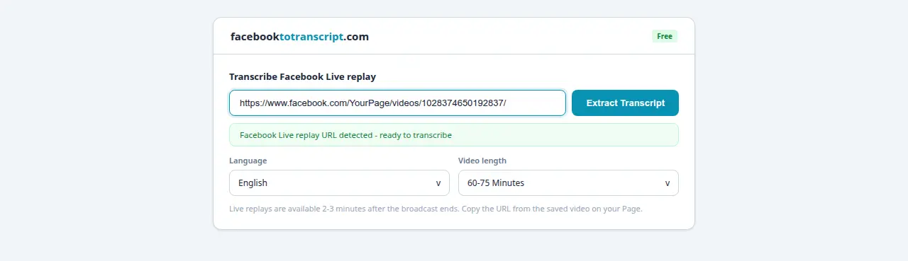 Facebook Live replay URL detected with 60-75 minute video length selected