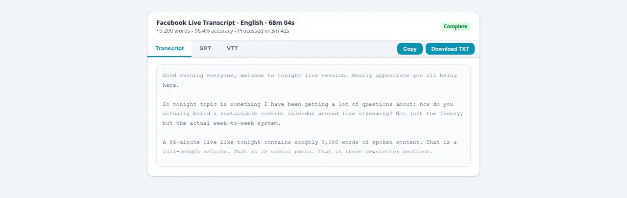 Facebook Live transcript showing 9200 words at 96.4 percent from a 68-minute broadcast