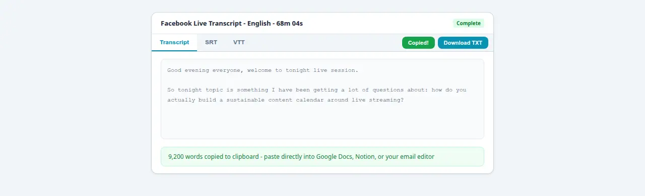 Green Copied button confirming 9200 words from a Live transcript copied to clipboard