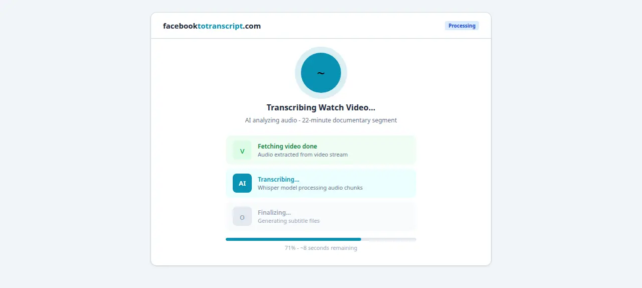 Transcription at 71 percent for a 22-minute Watch documentary with 8 seconds remaining