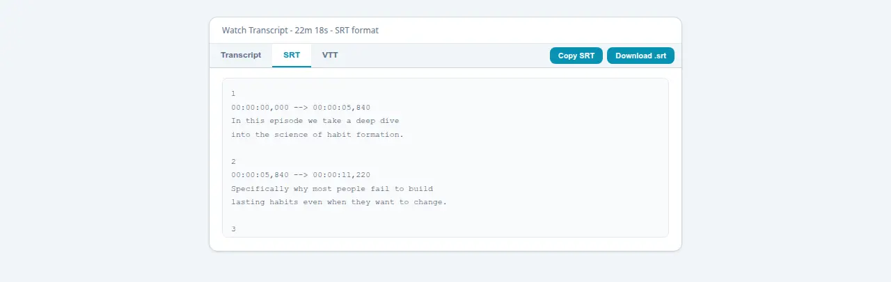 SRT timestamp blocks for a 22-minute Watch video with 5-second intervals