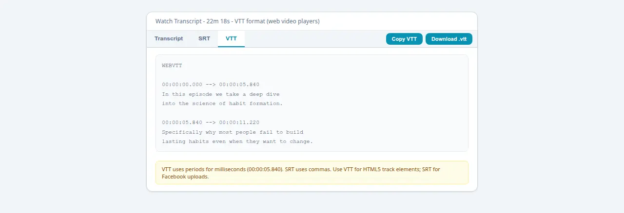 VTT format tab showing WEBVTT header and dot-separated millisecond timestamps