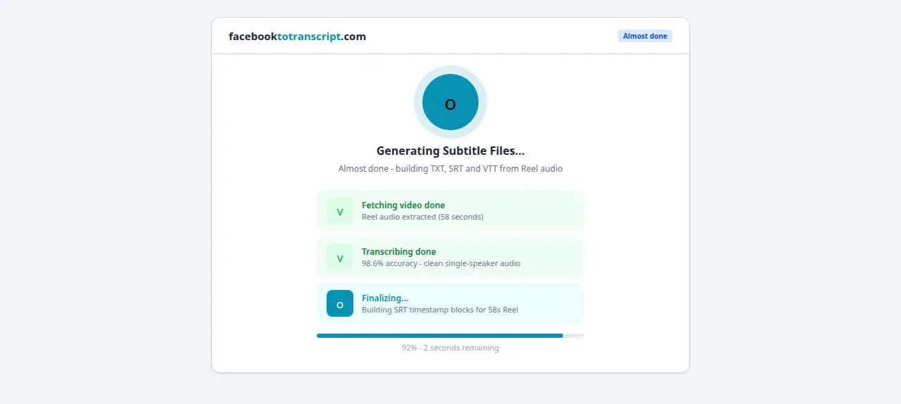 Finalizing stage for a 58-second Reel at 92 percent with 2 seconds remaining
