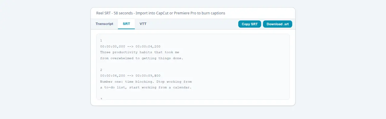 SRT file for 58-second Reel with 4 to 6 second blocks ready for CapCut import