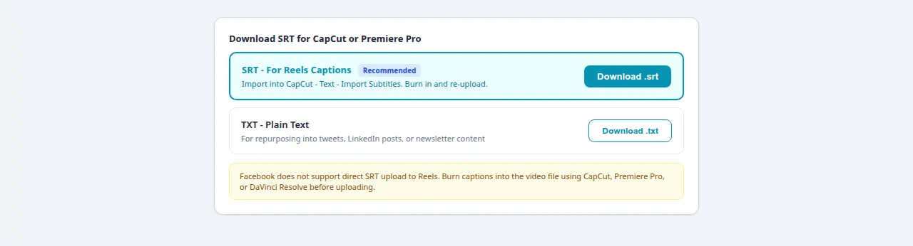 Download panel highlighting SRT as recommended for Reels with burn-in workflow note