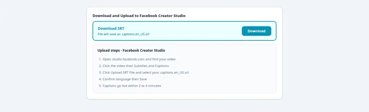 Download panel showing captions.en_US.srt with Creator Studio upload instructions
