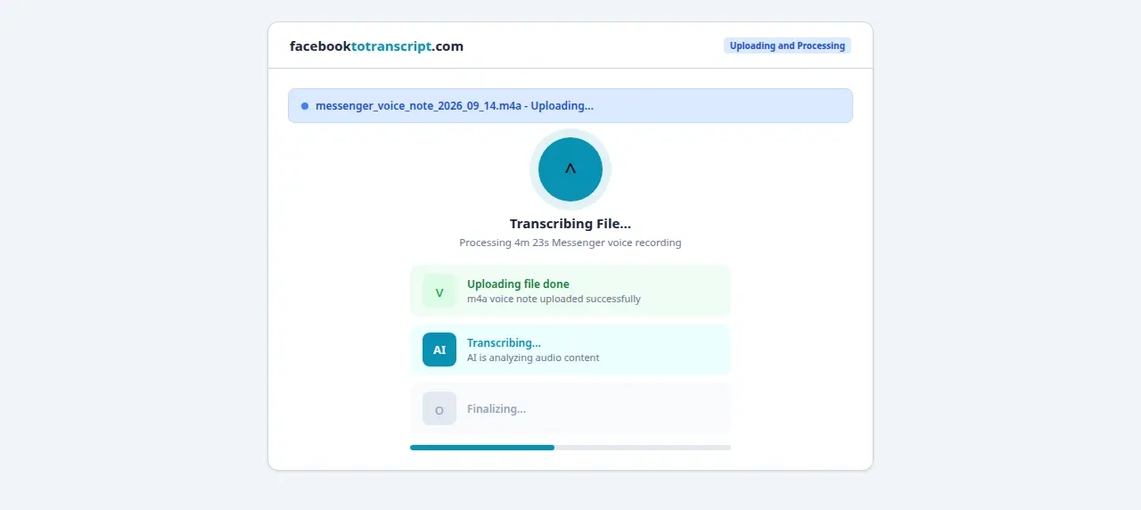 Messenger M4A voice note uploading and transcribing at 45 percent progress