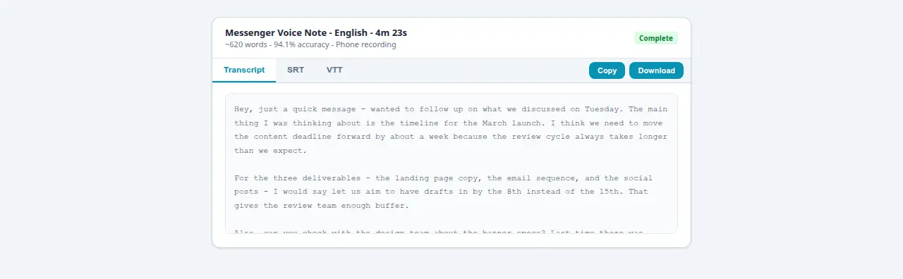 4-minute Messenger voice note transcript at 94.1 percent showing 620 words