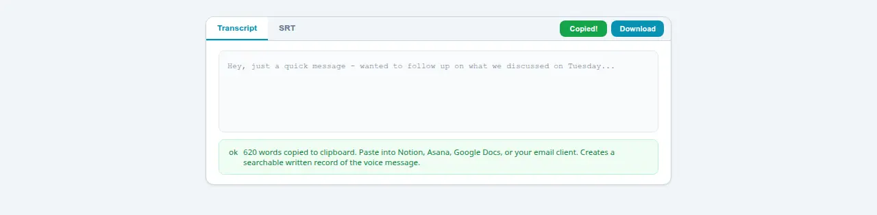 Green Copied confirmation showing 620 words from a Messenger voice note copied