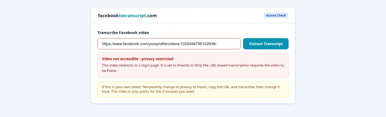 Privacy error for a blocked private Facebook video URL with workaround tip shown