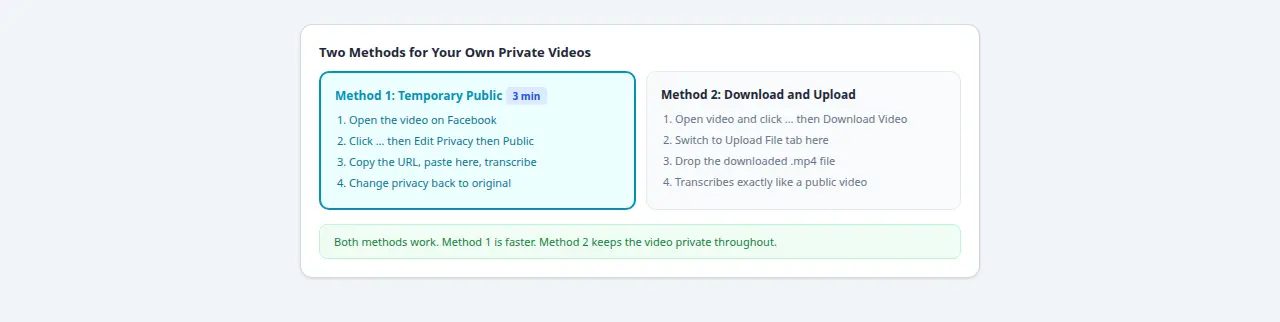 Two method cards 3-minute temporary public versus download and upload while keeping video private