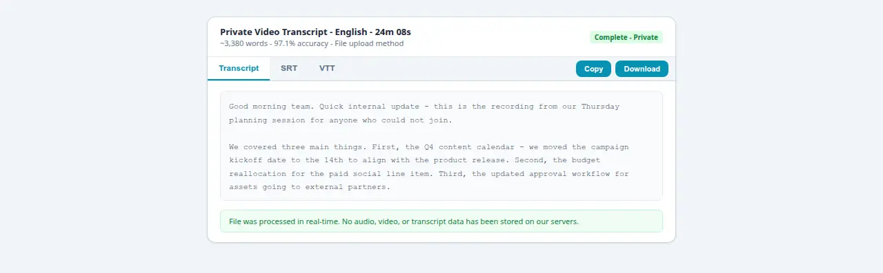 Completed private video transcript at 97.1 percent with privacy confirmation note below